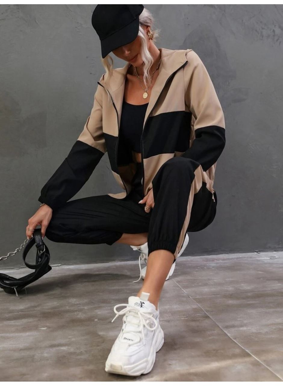 Kadın Uzun Kollu Kapşonlu önden Fermuarlı Viskon Iki Iplik Bluz Ve Pantolon Ikili Takım