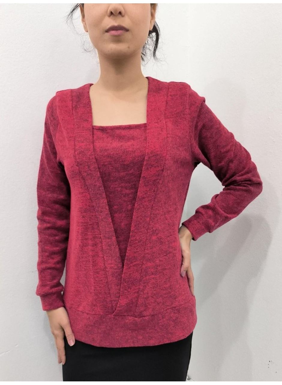 Kadın Uzun Kollu Kruvaze Yaka Kol Ve Etek Ucu Manşet Detay Yumoş Bluz