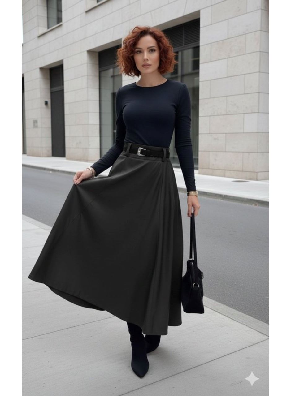 Kadın Yüksek Belli Maxi Deri Kemersiz Etek