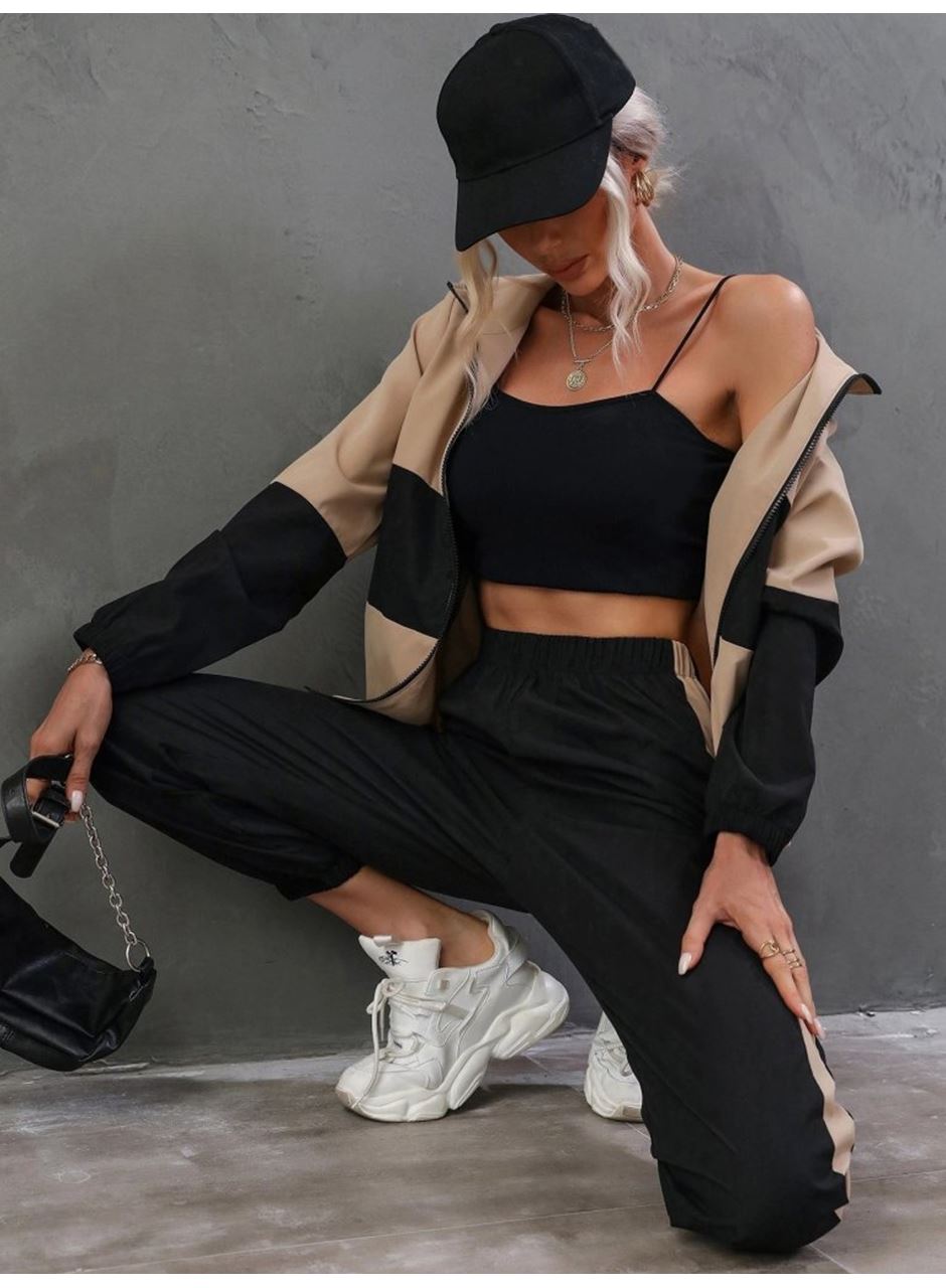 Kadın Uzun Kollu Kapşonlu önden Fermuarlı Viskon Iki Iplik Bluz Ve Pantolon Ikili Takım