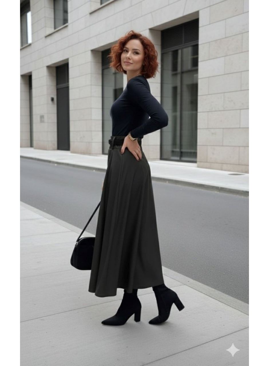 Kadın Yüksek Belli Maxi Deri Kemersiz Etek