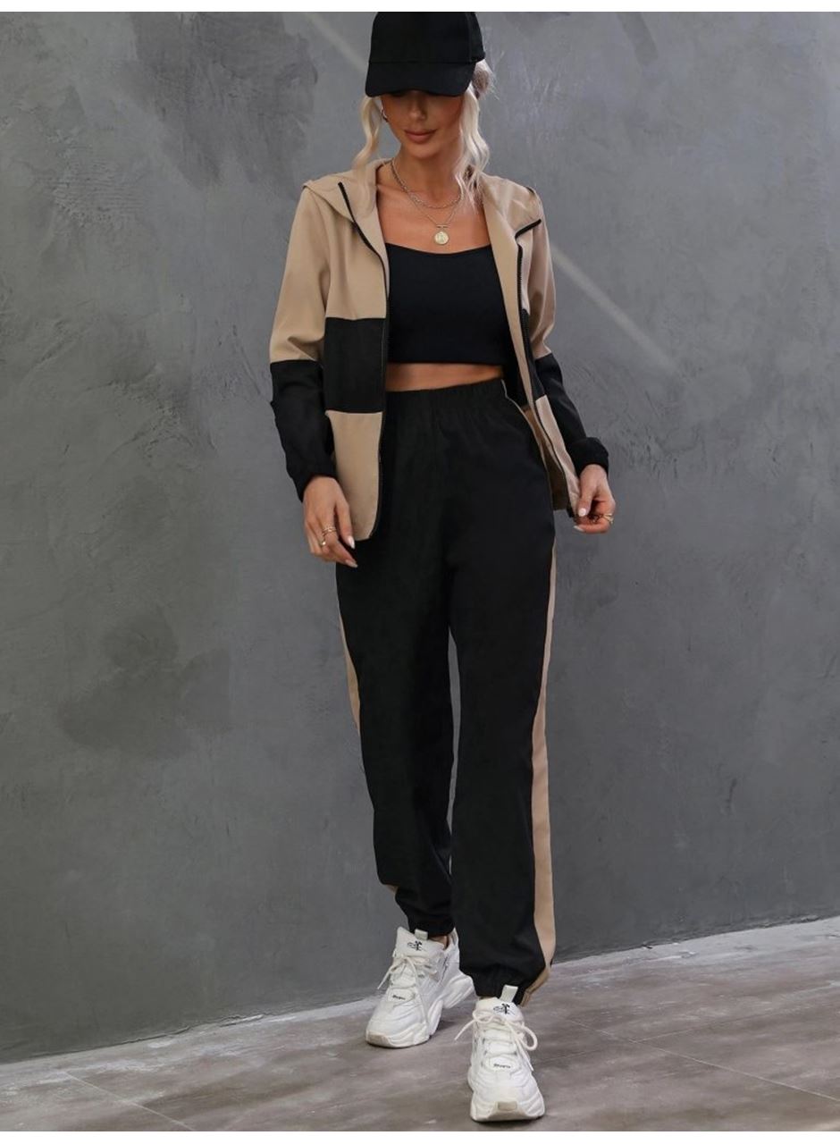 Kadın Uzun Kollu Kapşonlu önden Fermuarlı Viskon Iki Iplik Bluz Ve Pantolon Ikili Takım