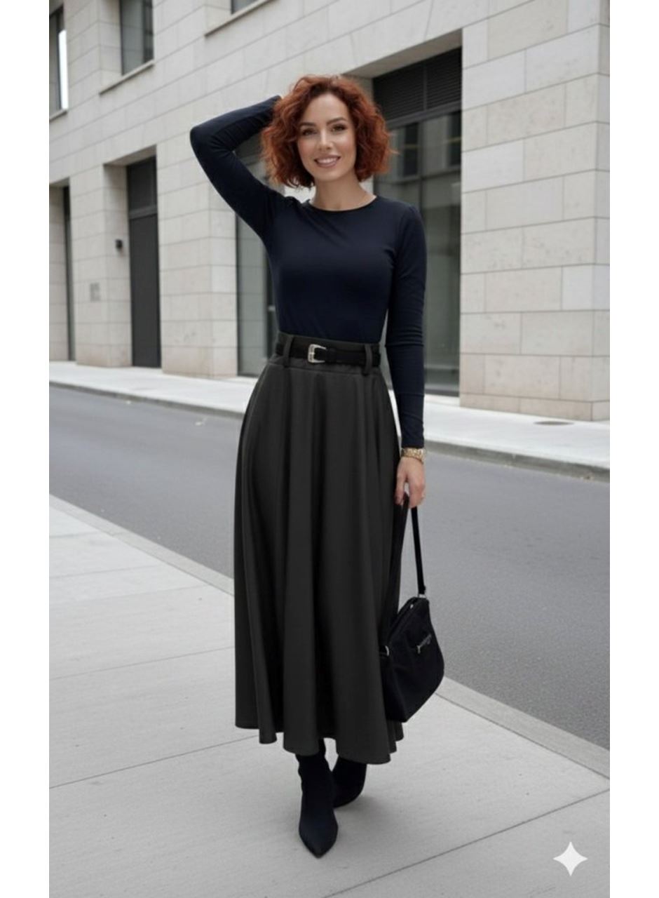 Kadın Yüksek Belli Maxi Deri Kemersiz Etek