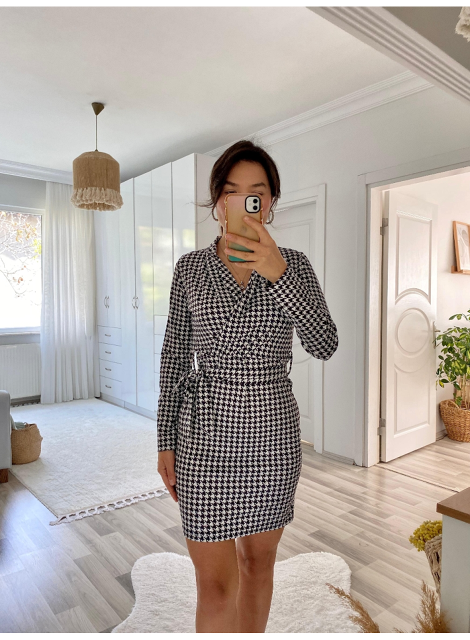 Kadın Uzun Kollu Kruvaze Yaka Bağlamalı Kemer Dalgıç Mini Boy Elbise