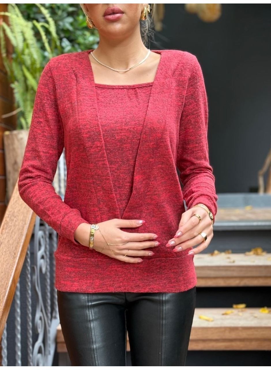 Kadın Uzun Kollu Kruvaze Yaka Kol Ve Etek Ucu Manşet Detay Yumoş Bluz