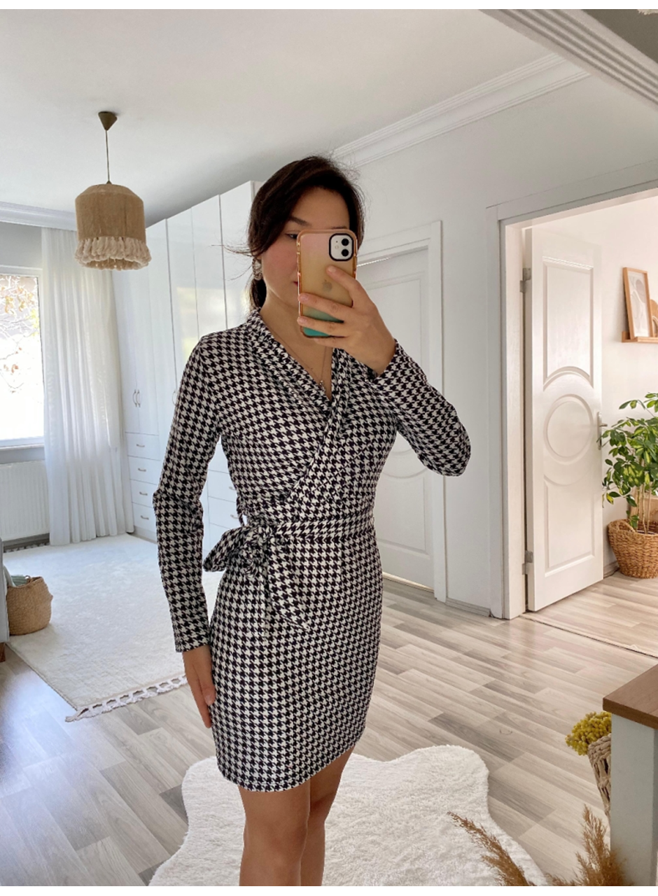 Kadın Uzun Kollu Kruvaze Yaka Bağlamalı Kemer Dalgıç Mini Boy Elbise