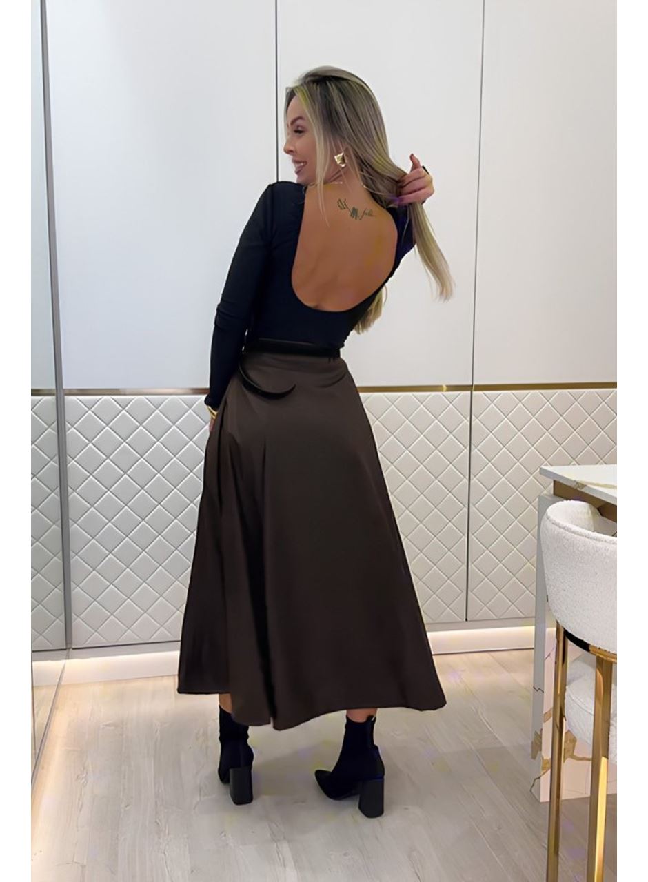 Kadın Yüksek Belli Maxi Deri Kemersiz Etek