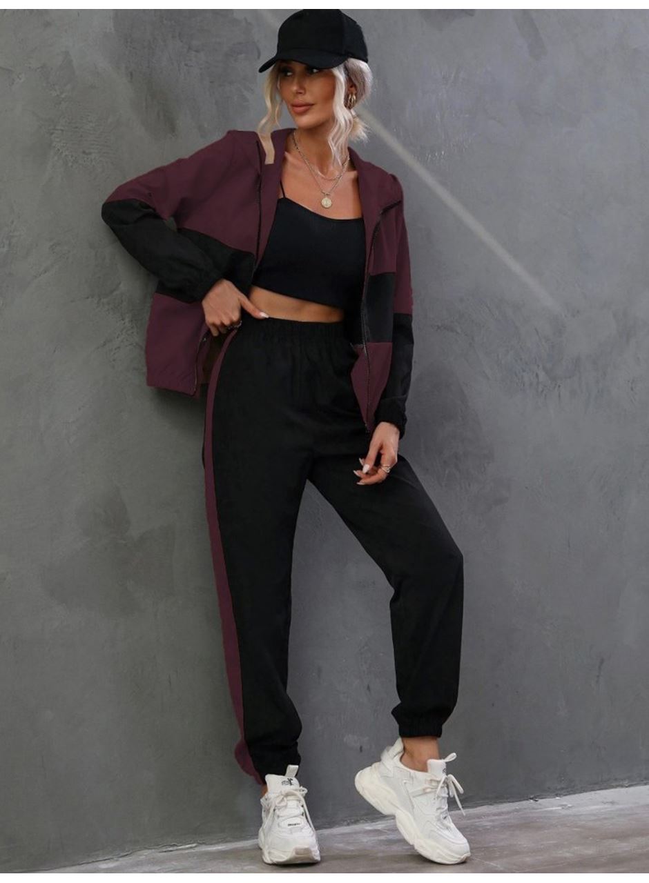 Kadın Uzun Kollu Kapşonlu önden Fermuarlı Viskon Iki Iplik Bluz Ve Pantolon Ikili Takım