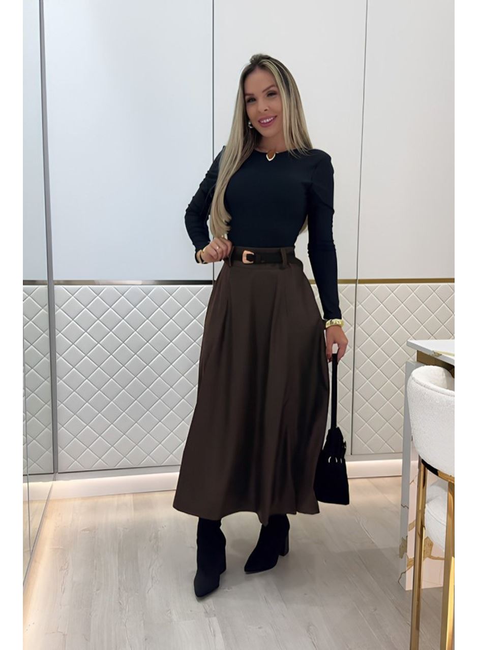Kadın Yüksek Belli Maxi Deri Kemersiz Etek