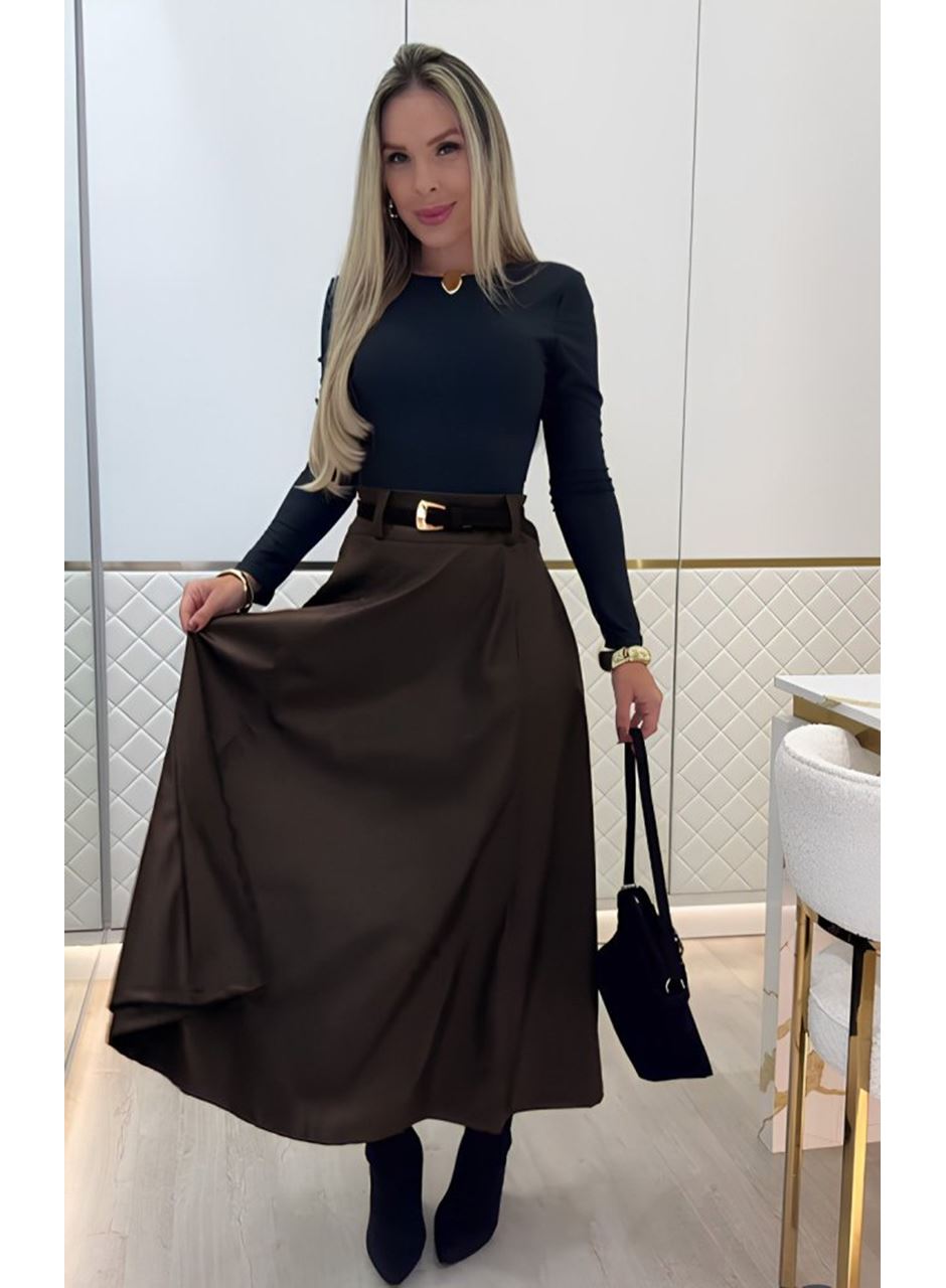 Kadın Yüksek Belli Maxi Deri Kemersiz Etek