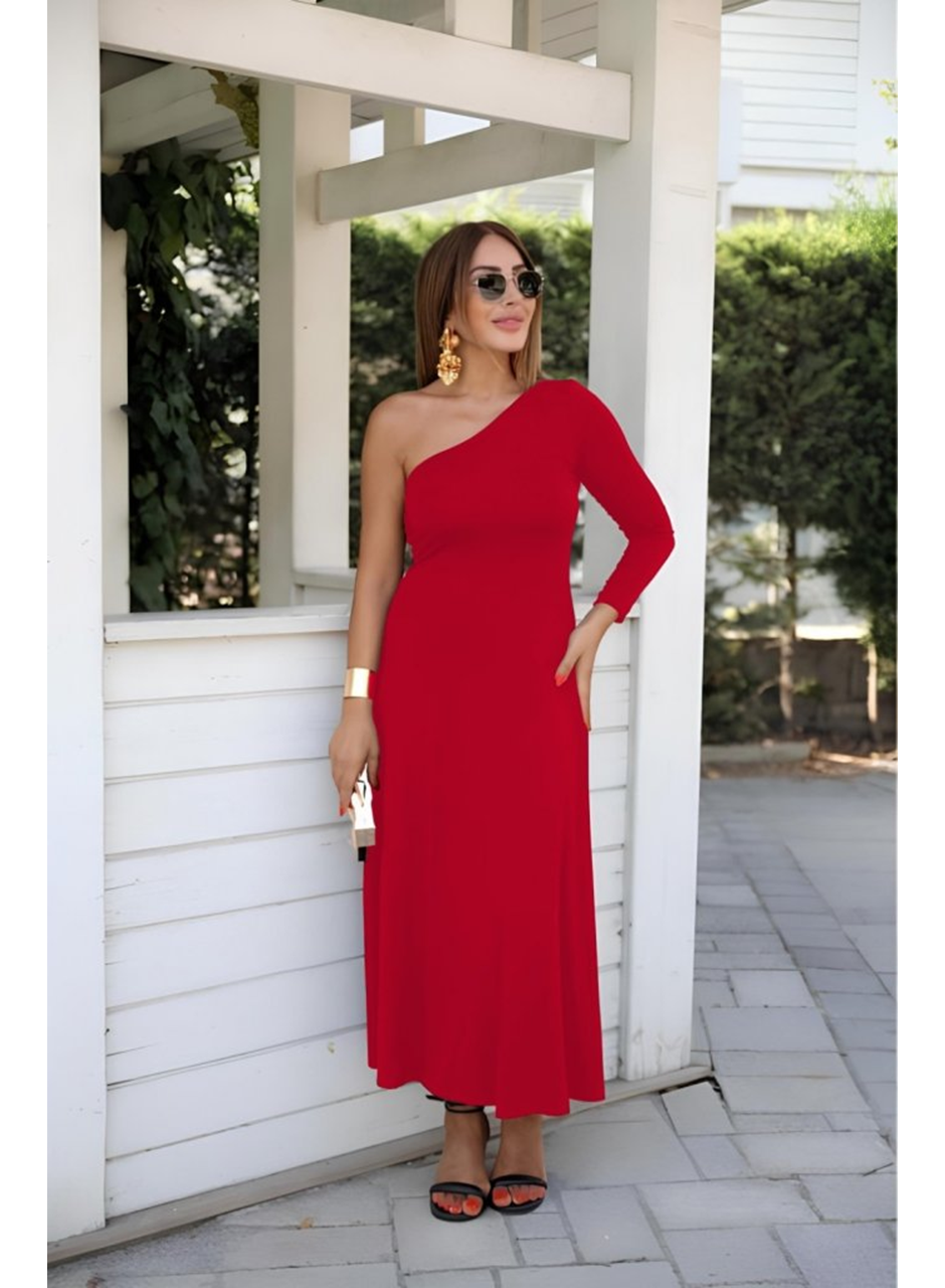 Kadın Uzun Kollu Tek Omuz Detay Krep Elbise