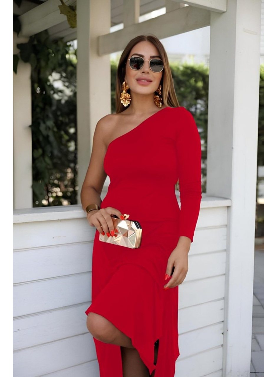 Kadın Uzun Kollu Tek Omuz Detay Krep Elbise