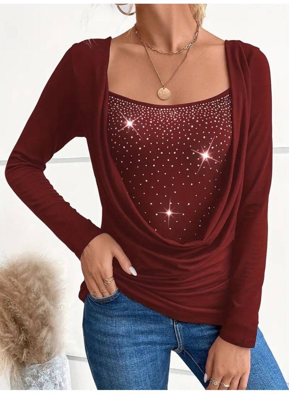 Kadın Uzun Kollu Derin Degaje Yakalı Taşlı Sandy Bluz