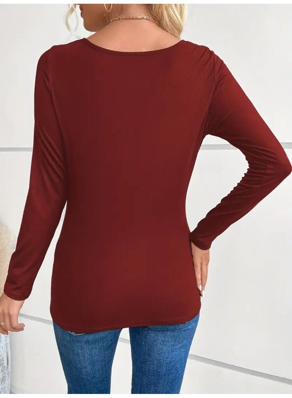 Kadın Uzun Kollu Derin Degaje Yakalı Taşlı Sandy Bluz