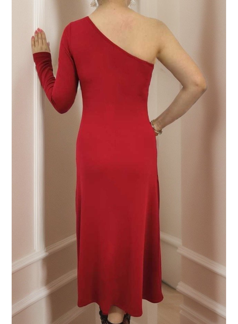 Kadın Uzun Kollu Tek Omuz Detay Krep Elbise