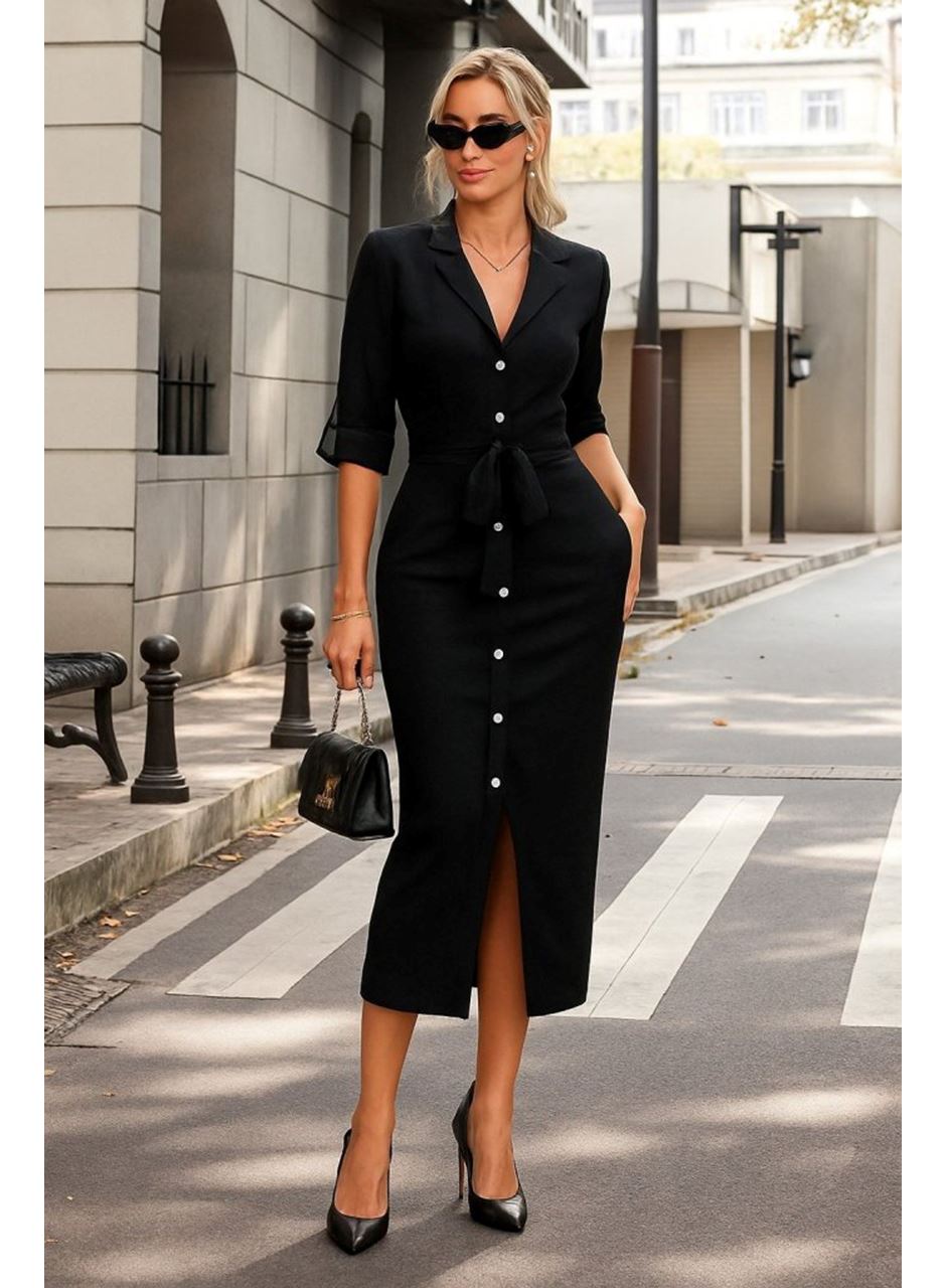 Kadın Uzun Kollu önden Düğmeli Beli Kuşaklı Aerobin Midi Elbise