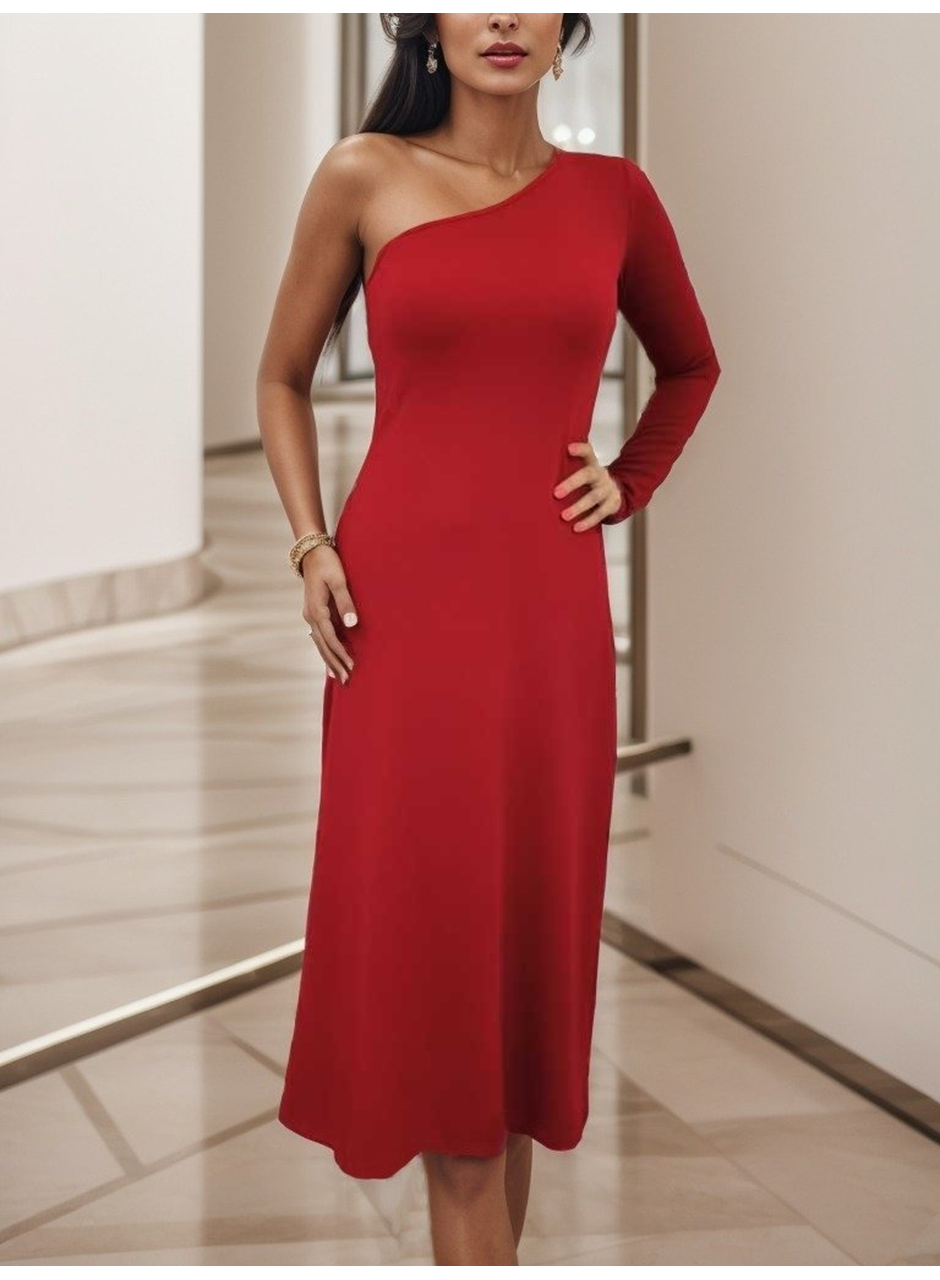 Kadın Uzun Kollu Tek Omuz Detay Krep Elbise