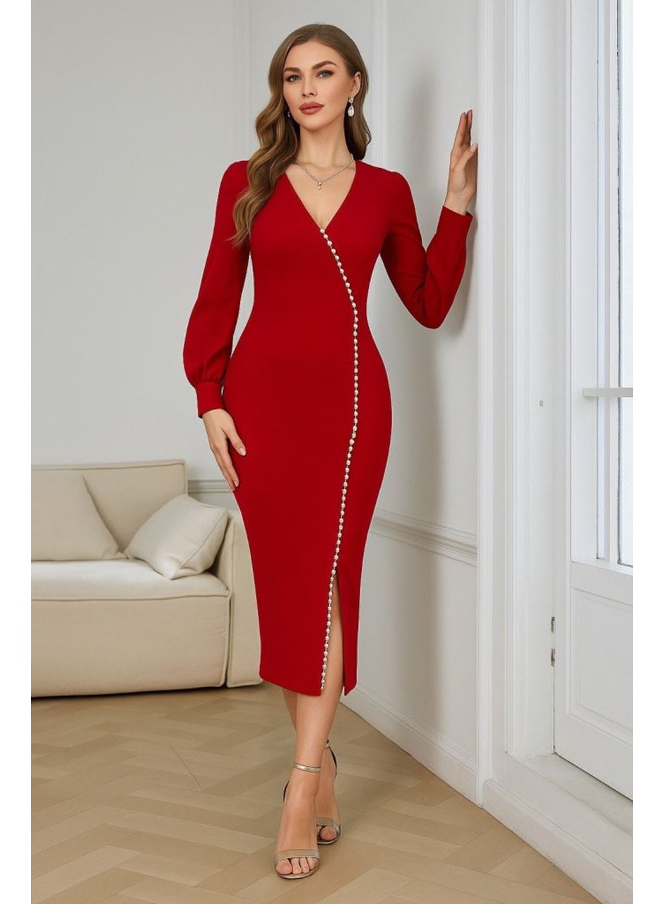 Kadın Uzun Kollu V Yakalı Yırtmaçlı Taşlı Uzun Ithal Krep Elbise