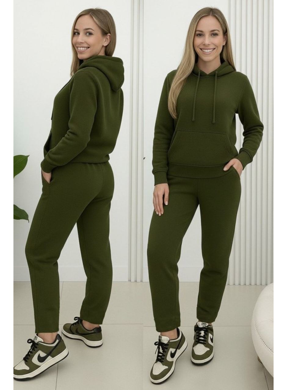 Kadın Uzun Kollu Kapşonlu Bağcıklı üç Iplik Bluz Ve Pantolon Ikili Takım