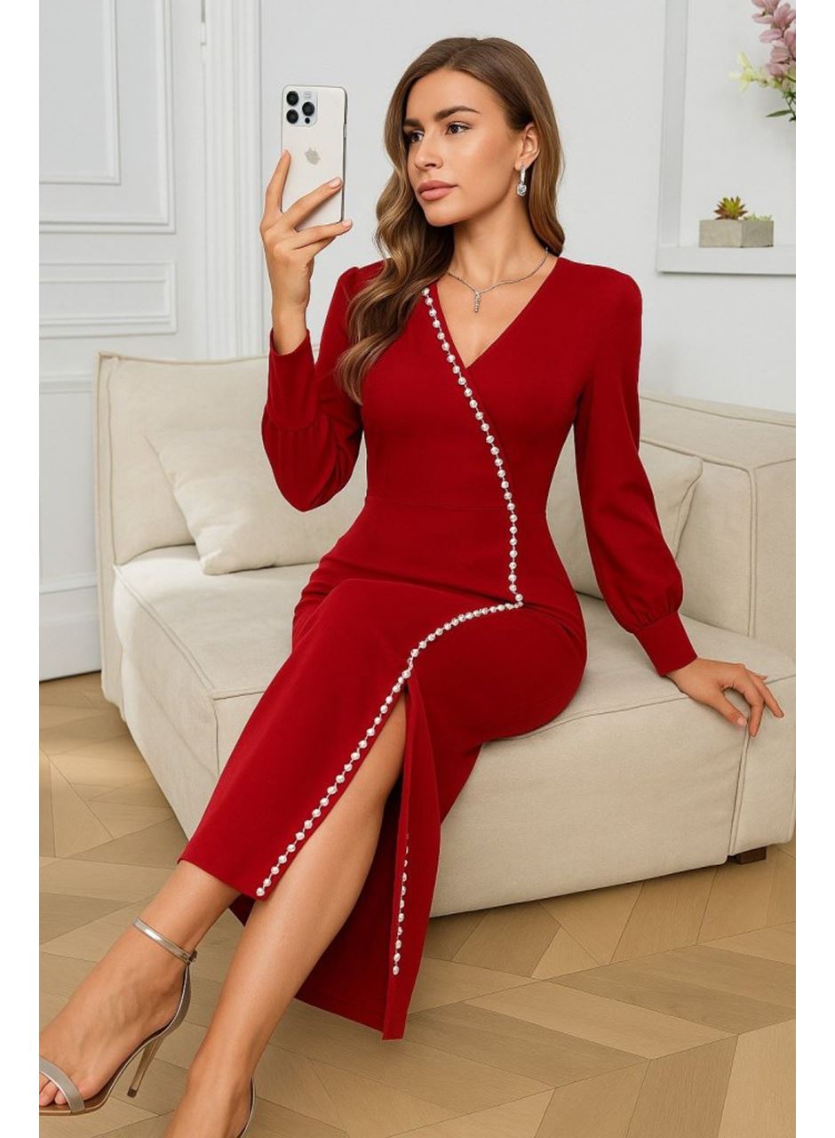 Kadın Uzun Kollu V Yakalı Yırtmaçlı Taşlı Uzun Ithal Krep Elbise