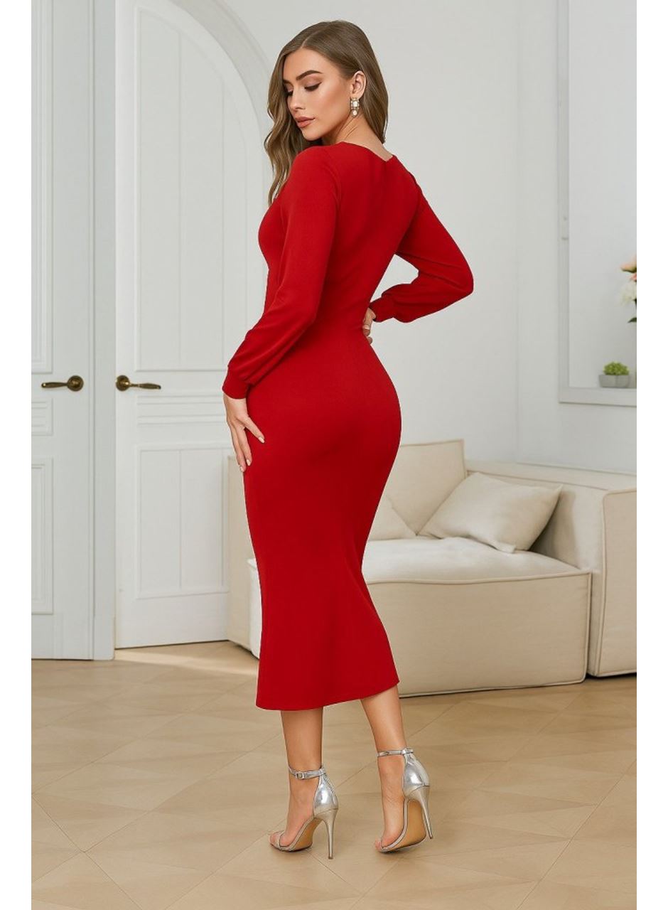 Kadın Uzun Kollu V Yakalı Yırtmaçlı Taşlı Uzun Ithal Krep Elbise