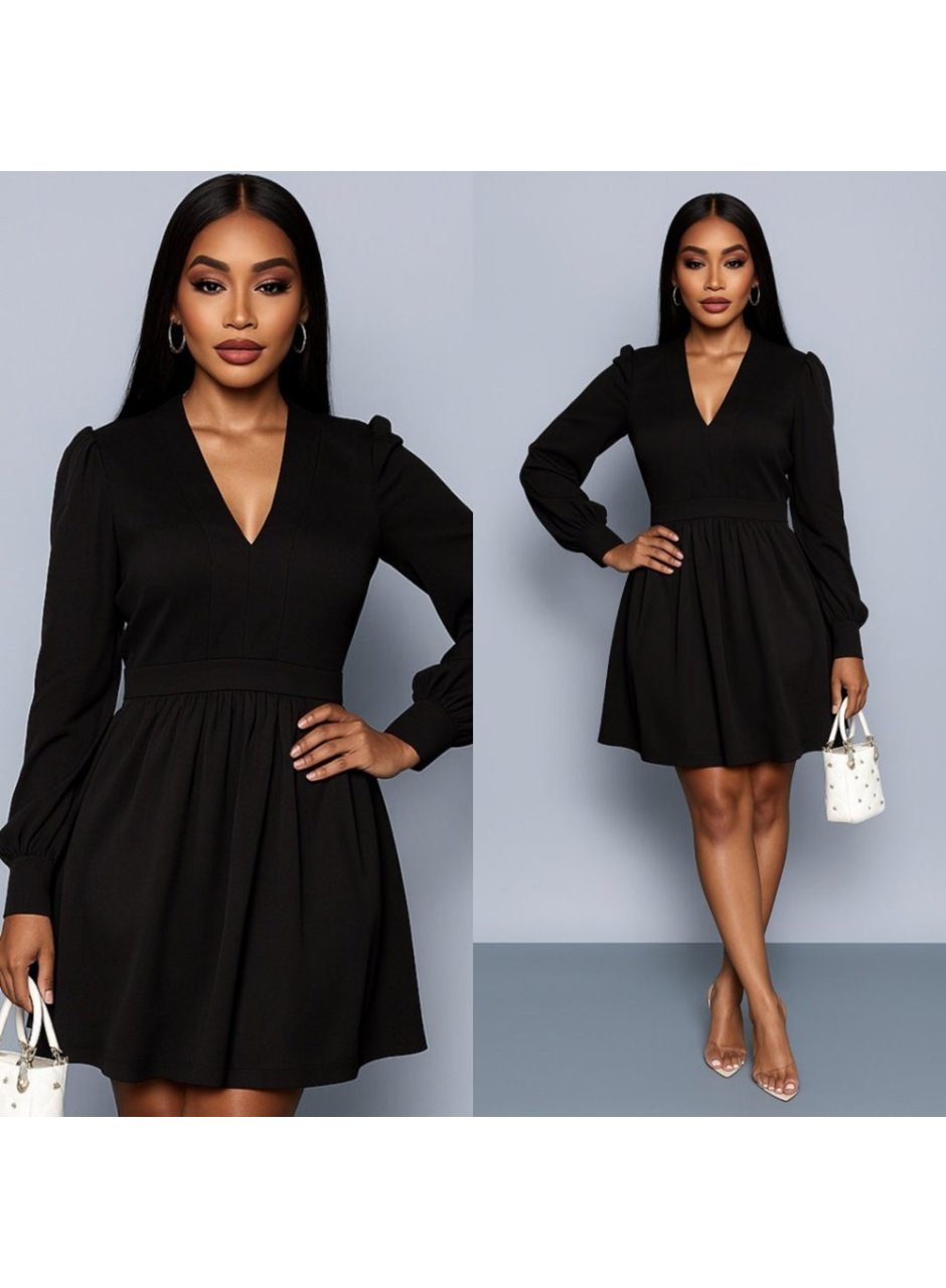 Kadın Uzun Kollu V Yaka Belden Hafif Pileli Scuba Krep Mini Boy Elbise