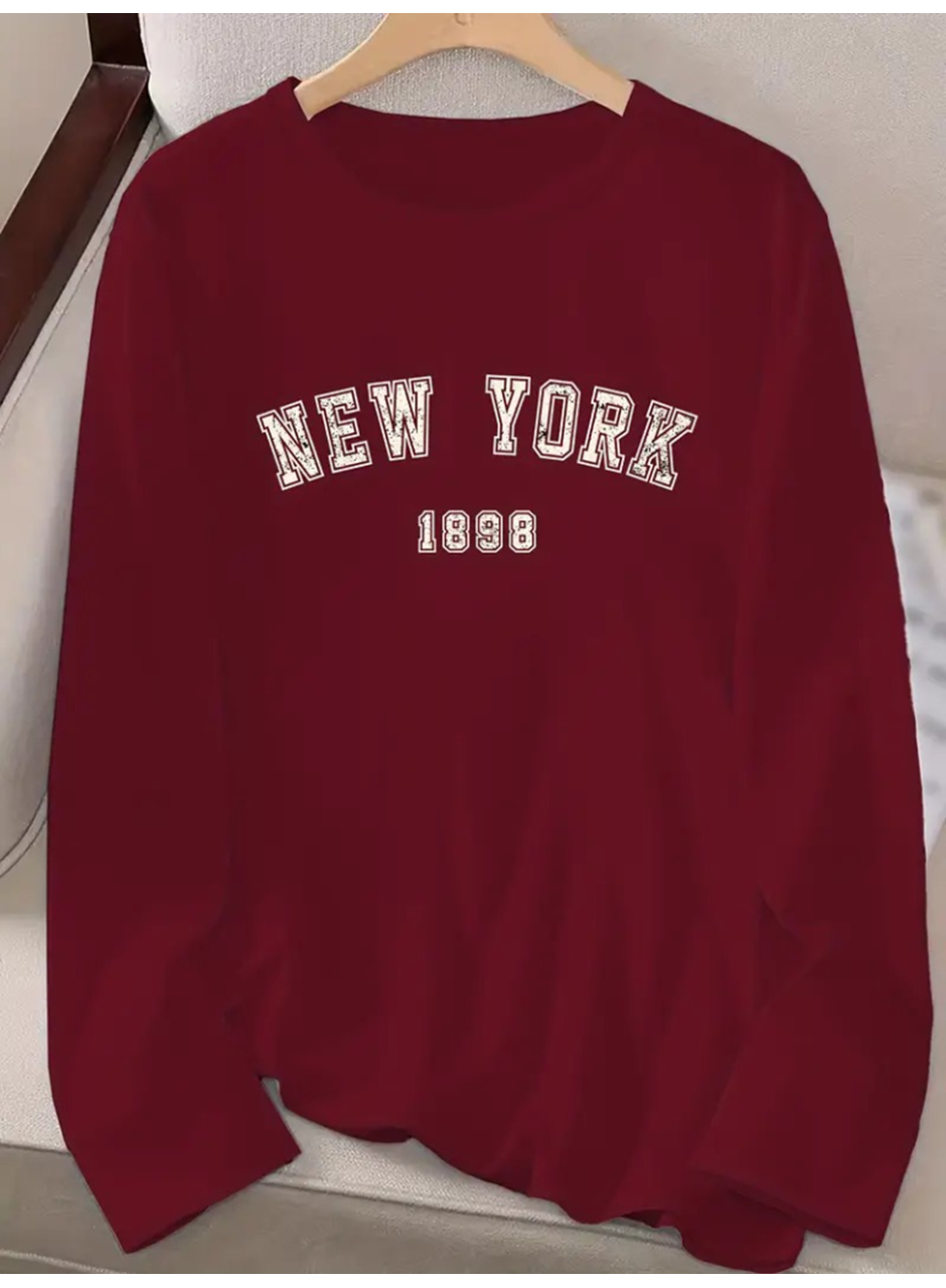 Kadın Uzun Kollu Bisiklet Yaka Yazı Baskılı Viskon Bluz