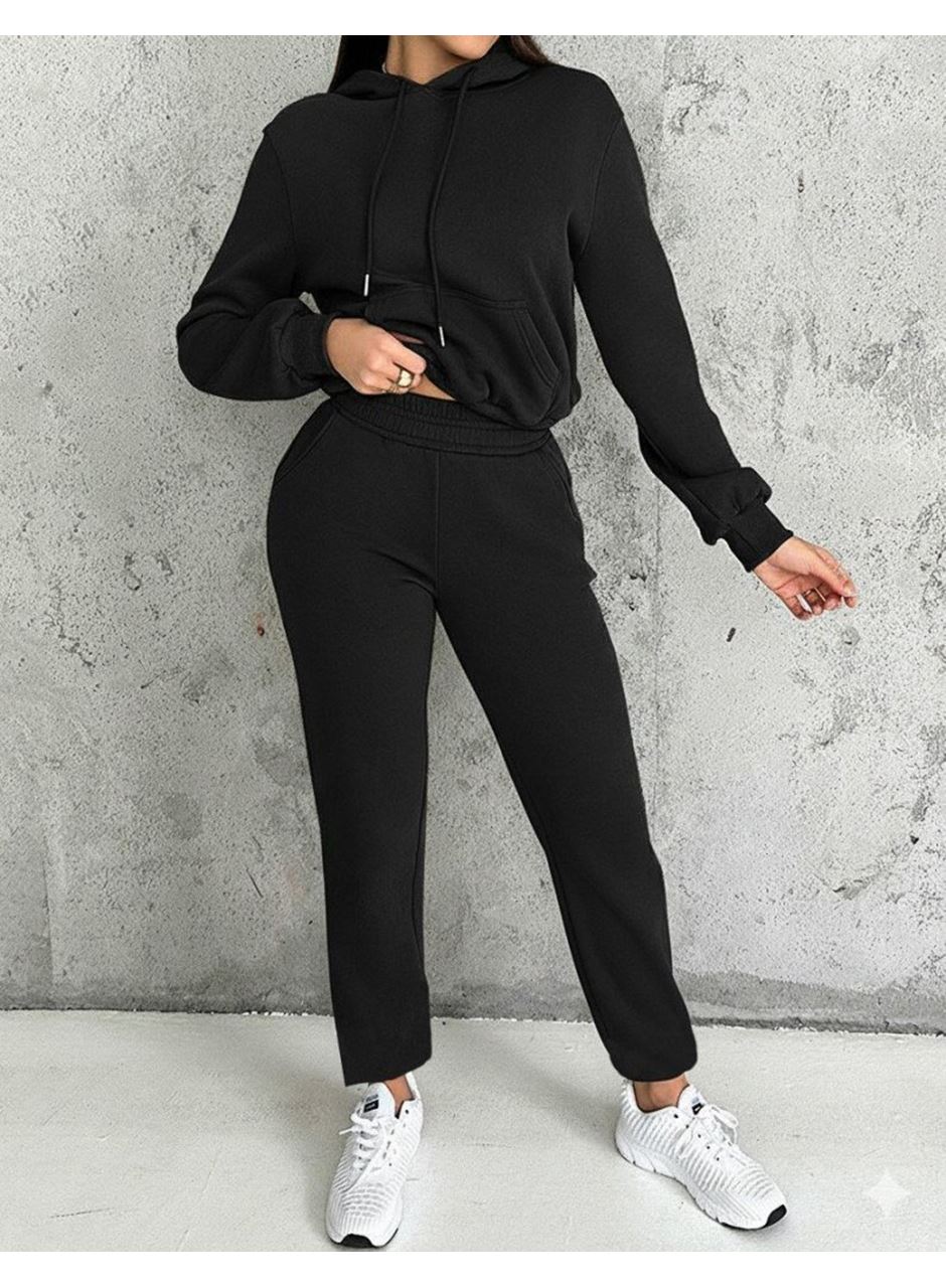 Kadın Uzun Kollu Kapşonlu Bağcıklı üç Iplik Bluz Ve Pantolon Ikili Takım