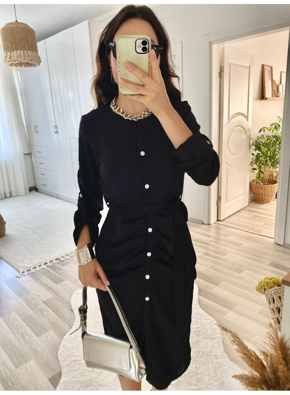 Kadın Uzun Kollu önden Düğmeli Beli Kuşaklı Aerobin Midi Elbise