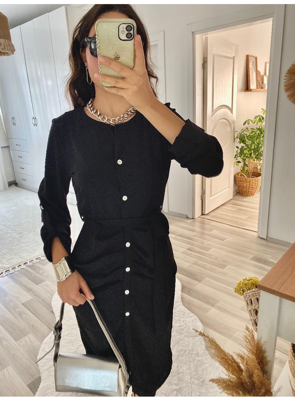 Kadın Uzun Kollu önden Düğmeli Beli Kuşaklı Aerobin Midi Elbise