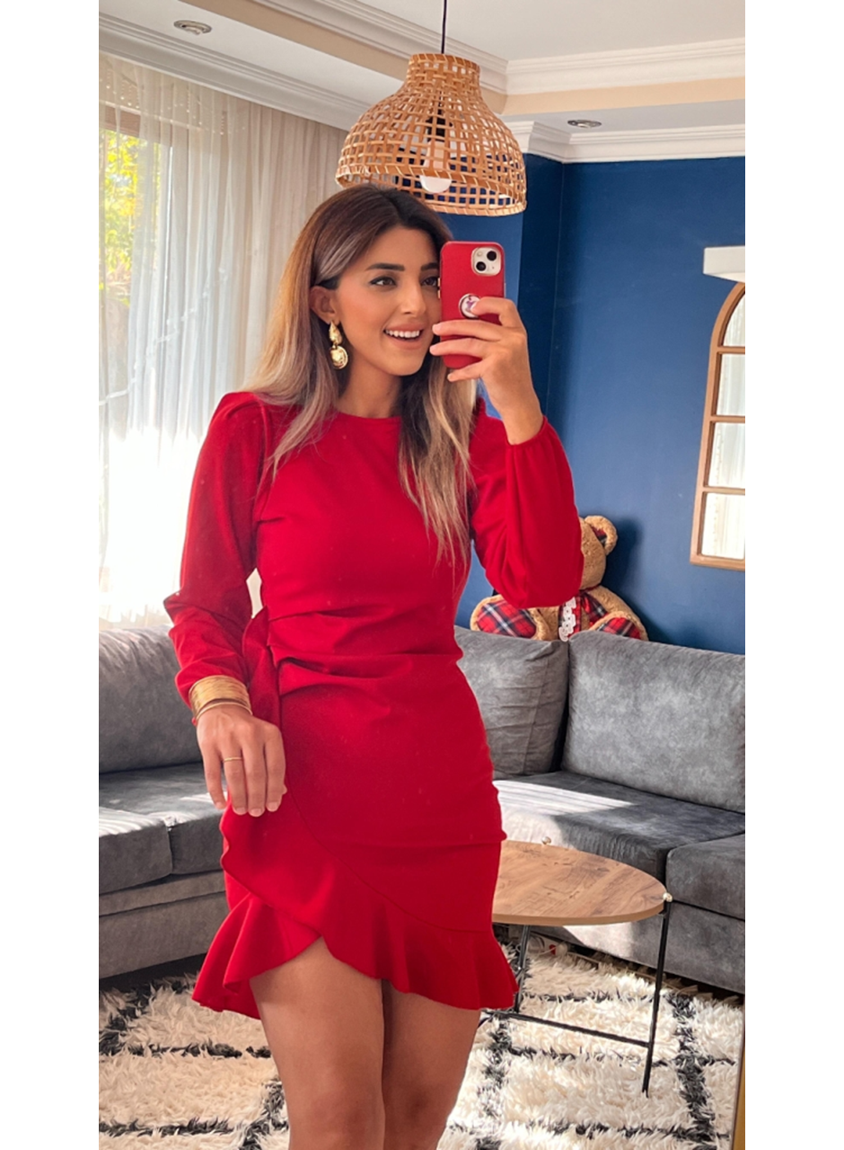 Kadın Uzun Kollu Bisiklet Yaka önden Volanlı Ithal Krep Elbise