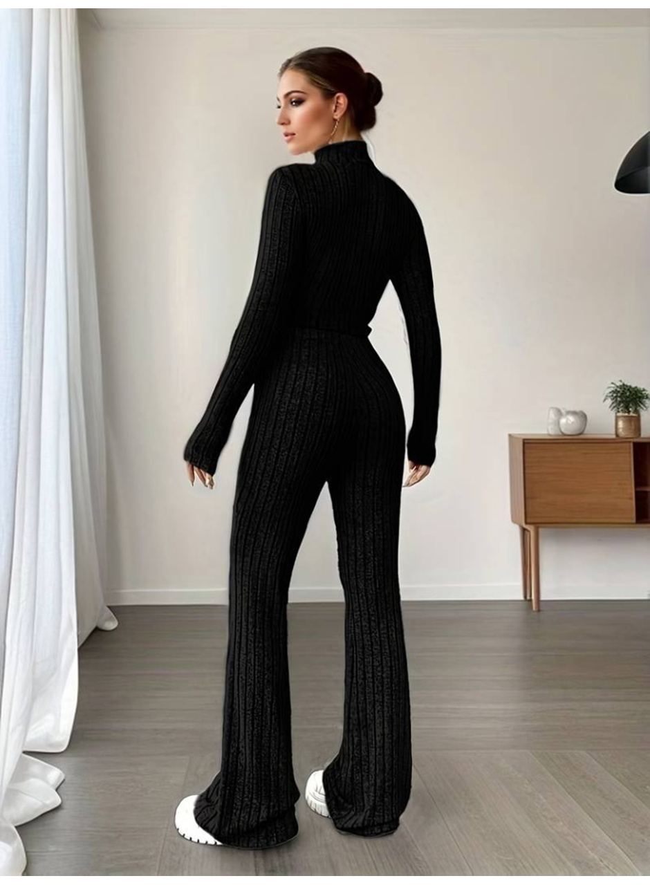 Kadın Uzun Kollu Balıkçı Yaka Krop Ve Pantolon şardonlu Kaşkorse Ikili Takım