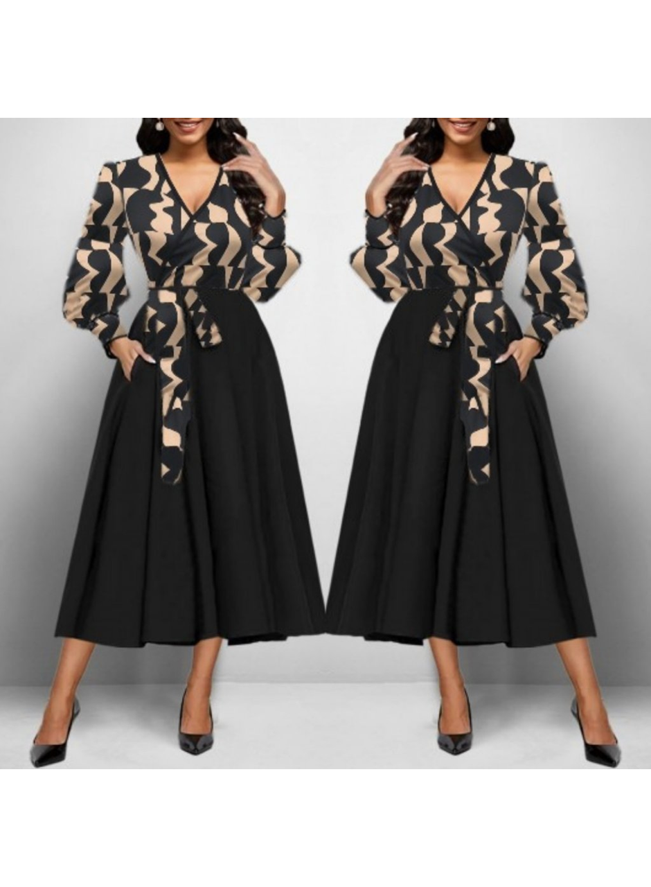 Kadın Uzun Kollu Kruvaze Yaka Dalgıç Krep Midi Boy Elbise