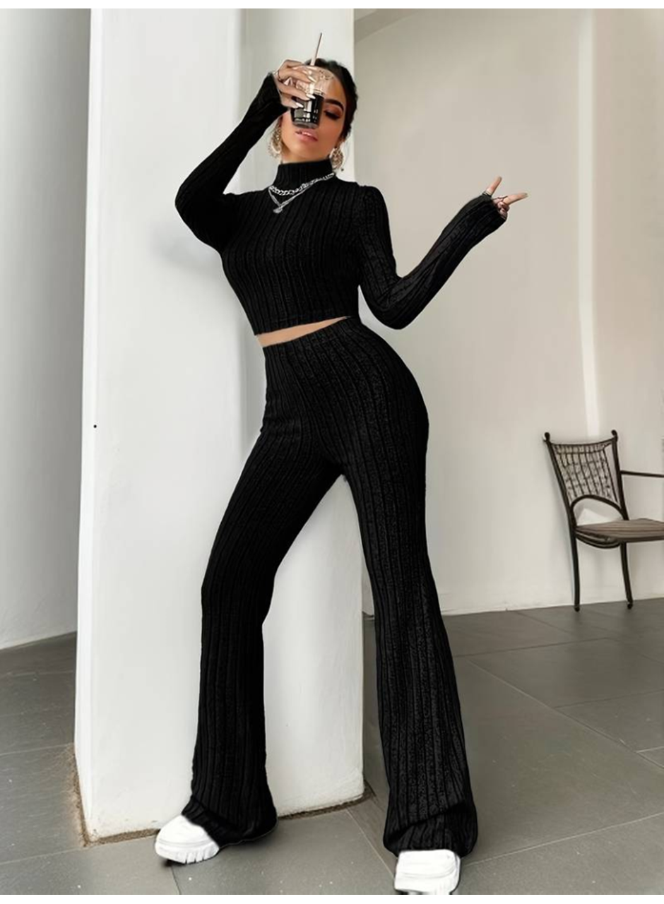 Kadın Uzun Kollu Balıkçı Yaka Krop Ve Pantolon şardonlu Kaşkorse Ikili Takım