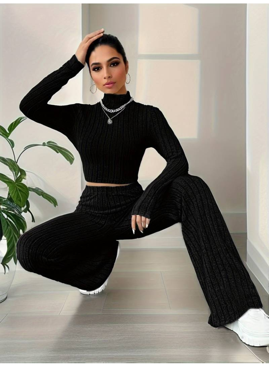 Kadın Uzun Kollu Balıkçı Yaka Krop Ve Pantolon şardonlu Kaşkorse Ikili Takım