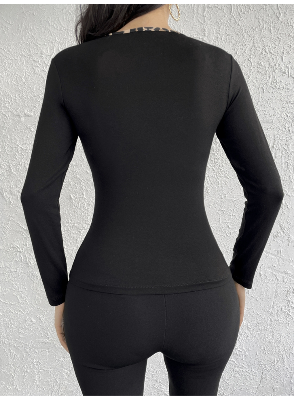 Kadın Uzun Kollu Leopar şeritli Viskon Bluz