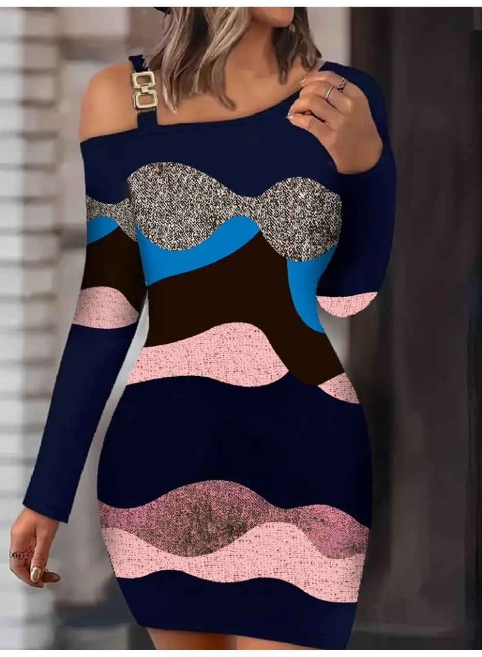 Kadın Uzun Kollu Tek Omuzu Askı Toka Detaylı Kısa Dalgıç Elbise