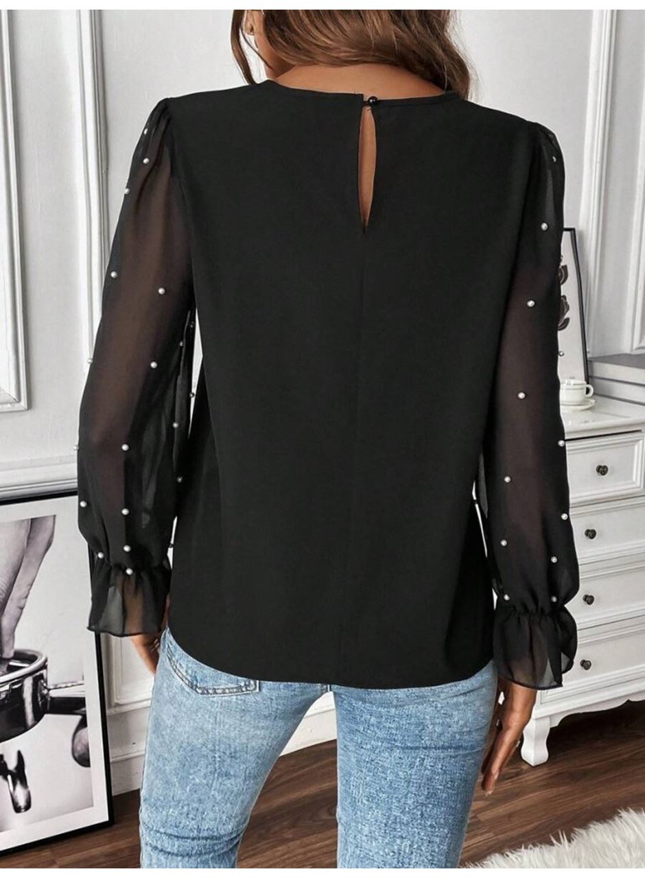 Kadın Uzun Kollu Bisiklet Yaka Tül Detaylı Incili Ithal Krep Bluz