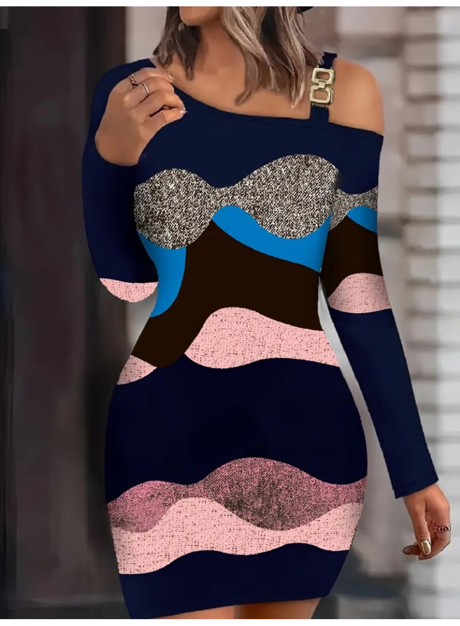 Kadın Uzun Kollu Tek Omuzu Askı Toka Detaylı Kısa Dalgıç Elbise