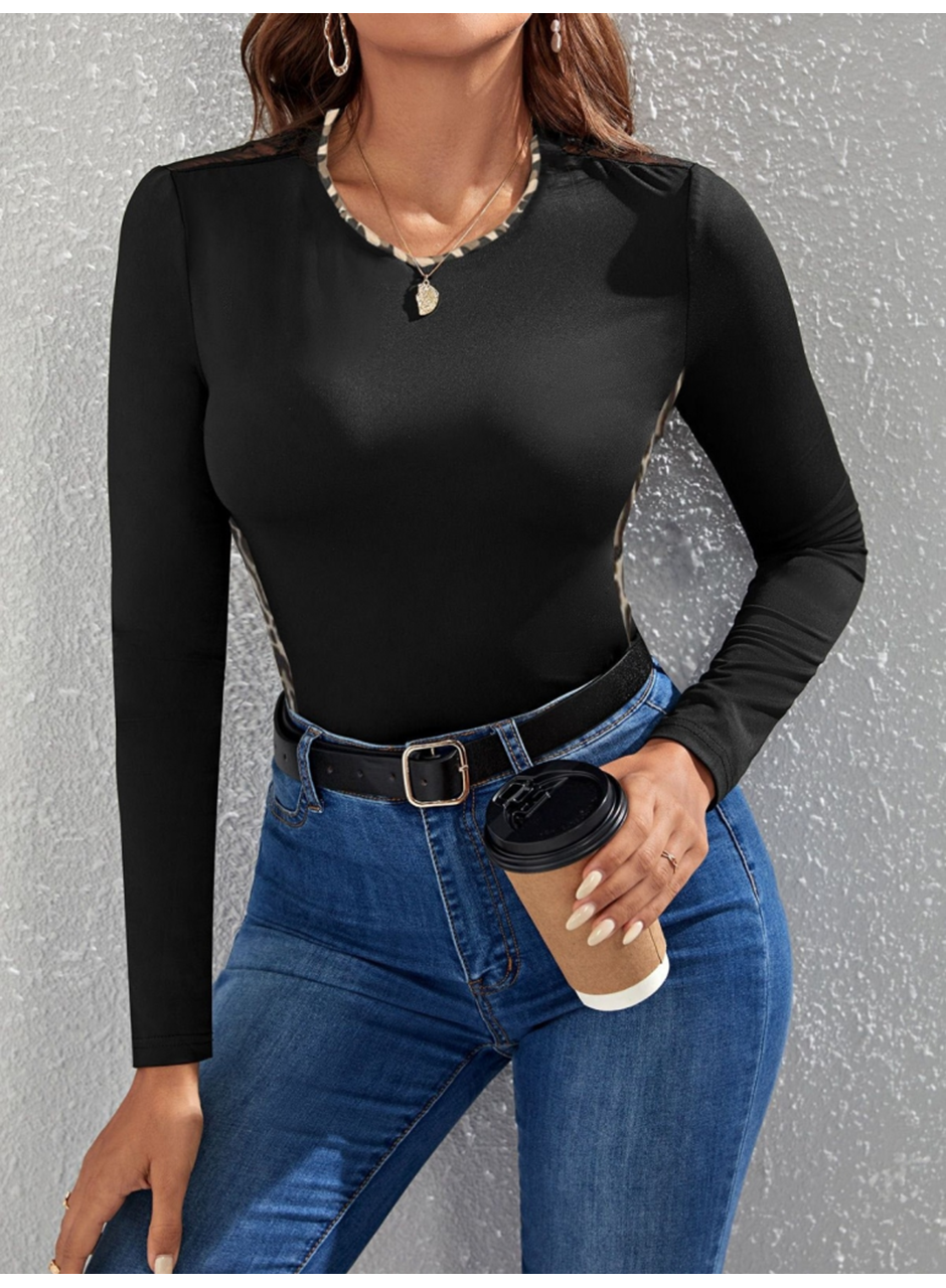 Kadın Uzun Kollu Leopar şeritli Viskon Bluz