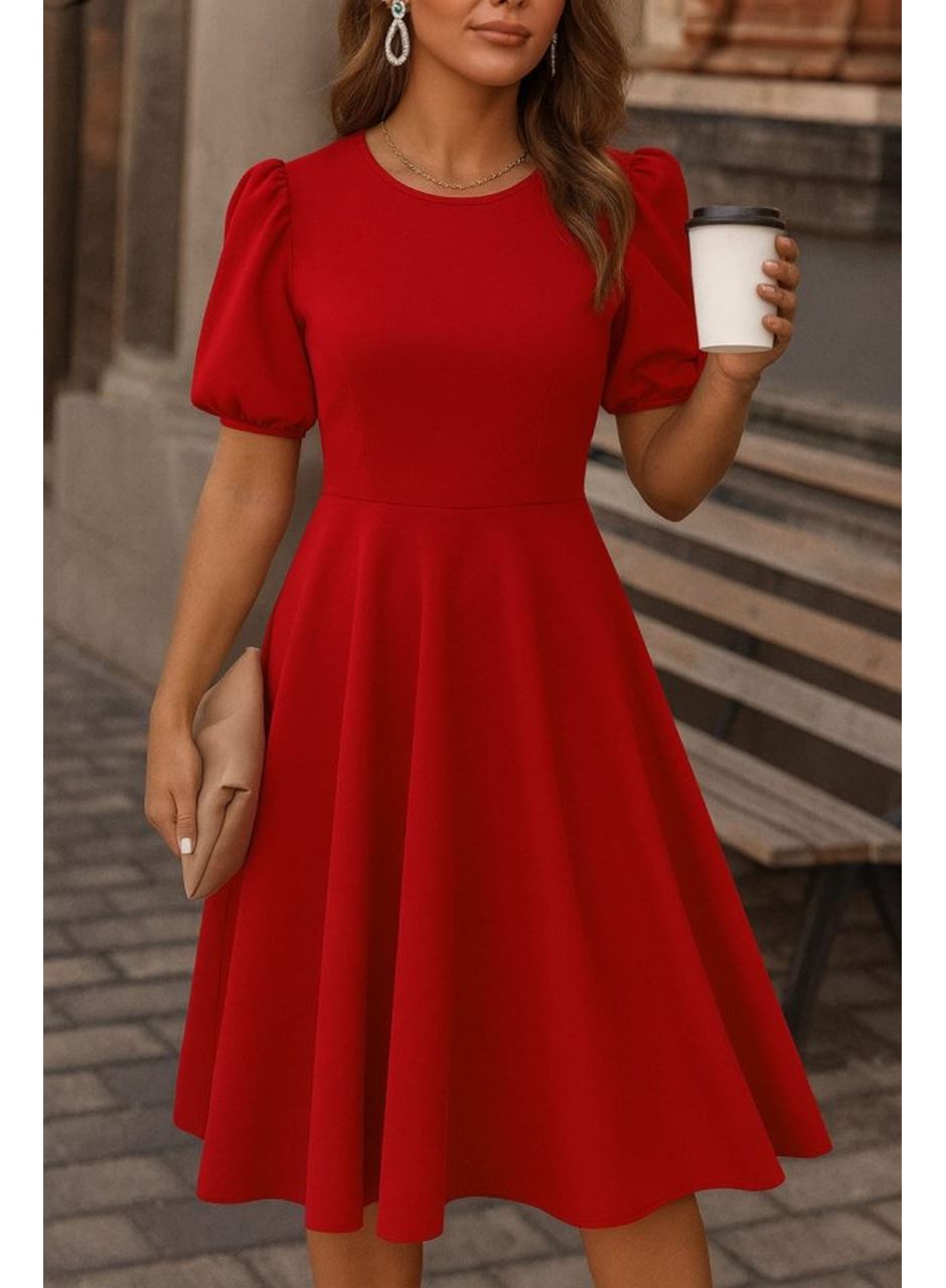 Kadın Kısa Balon Kollu Bisiklet Yaka Geniş Kesim Janjan Krep Elbise