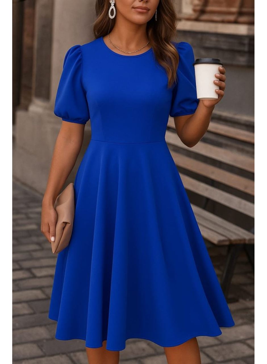 Kadın Kısa Balon Kollu Bisiklet Yaka Geniş Kesim Janjan Krep Elbise