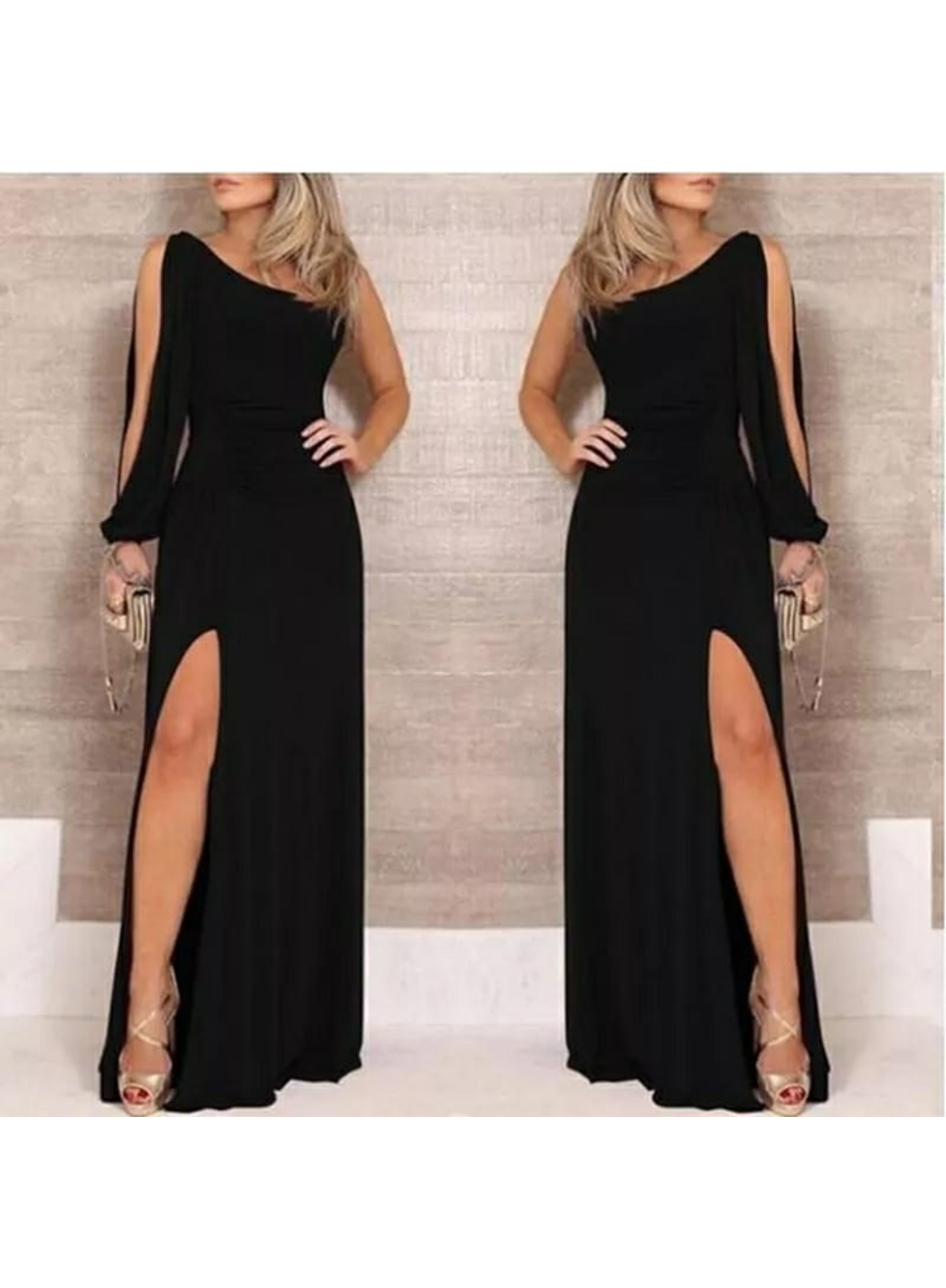 Tek Omuz Açık Derin Yırtmaçlı Krep Tam Boy Elbise