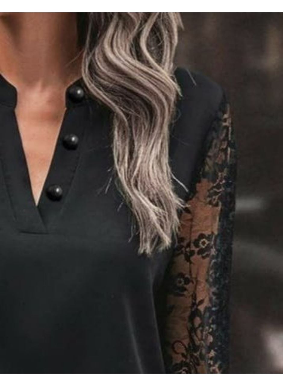 Kadın Uzun Kollu Yaka Düğme Detay Güpürlü Kol Krep Bluz