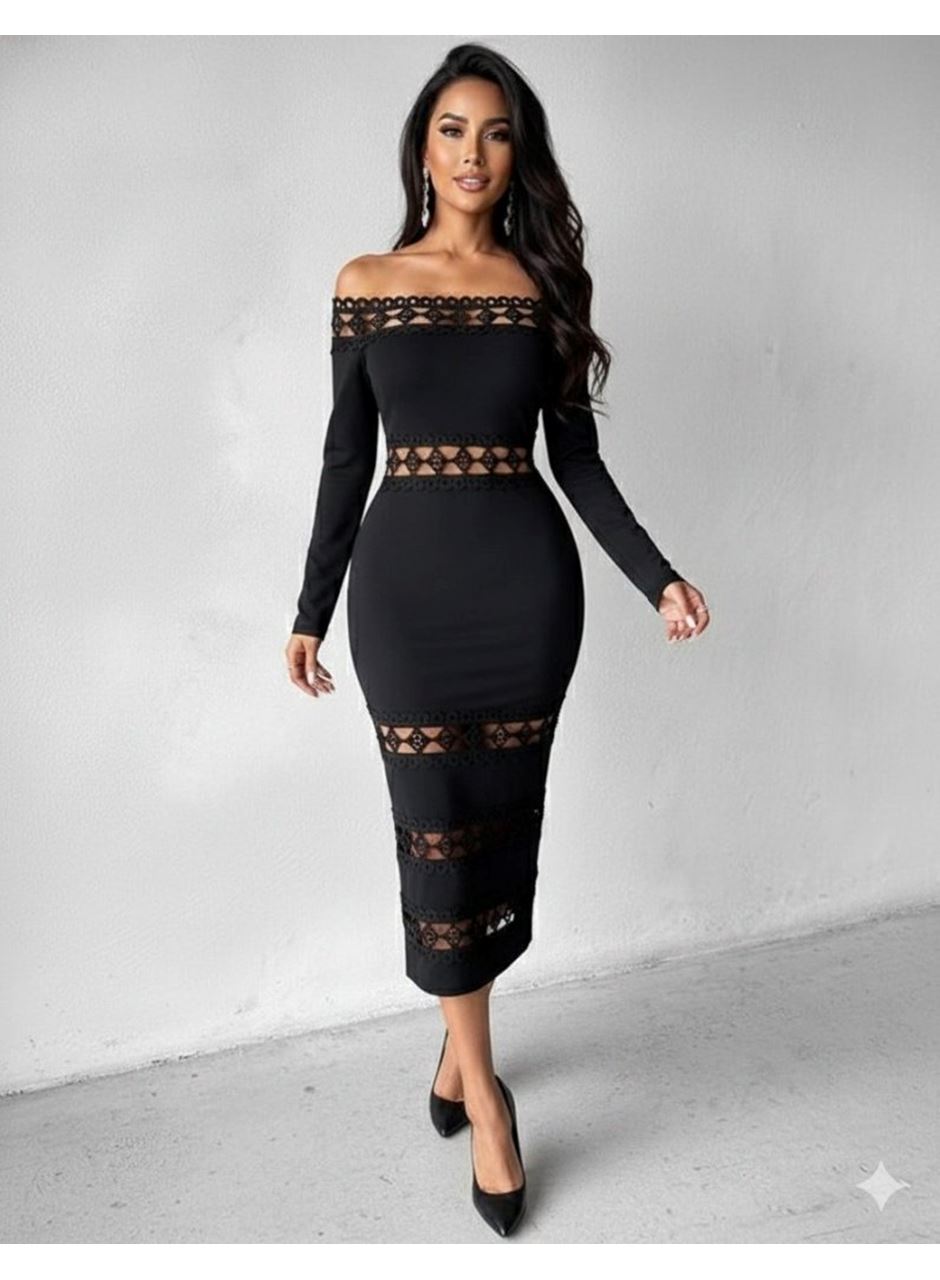 Kadın Uzun Kollu Madonna Dantel Yaka Yırtmaçlı Midi Dalgıç Elbise