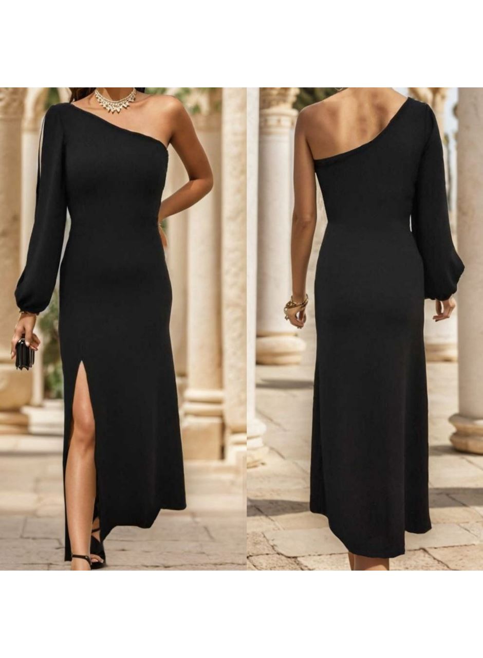 Tek Omuz Açık Derin Yırtmaçlı Krep Tam Boy Elbise