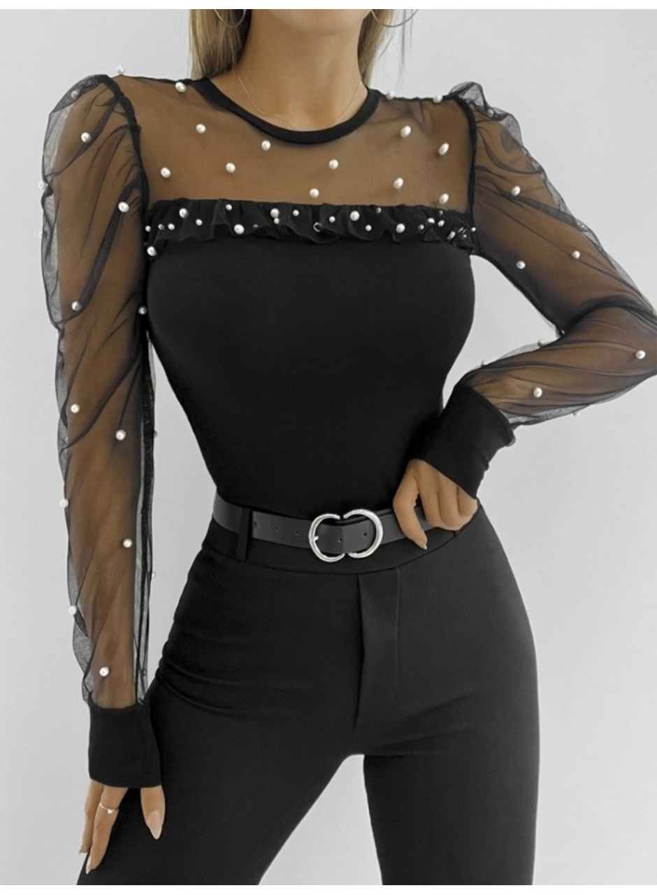 Kadın Uzun Kollu Inci Detaylı Tüllü Viskon Bluz