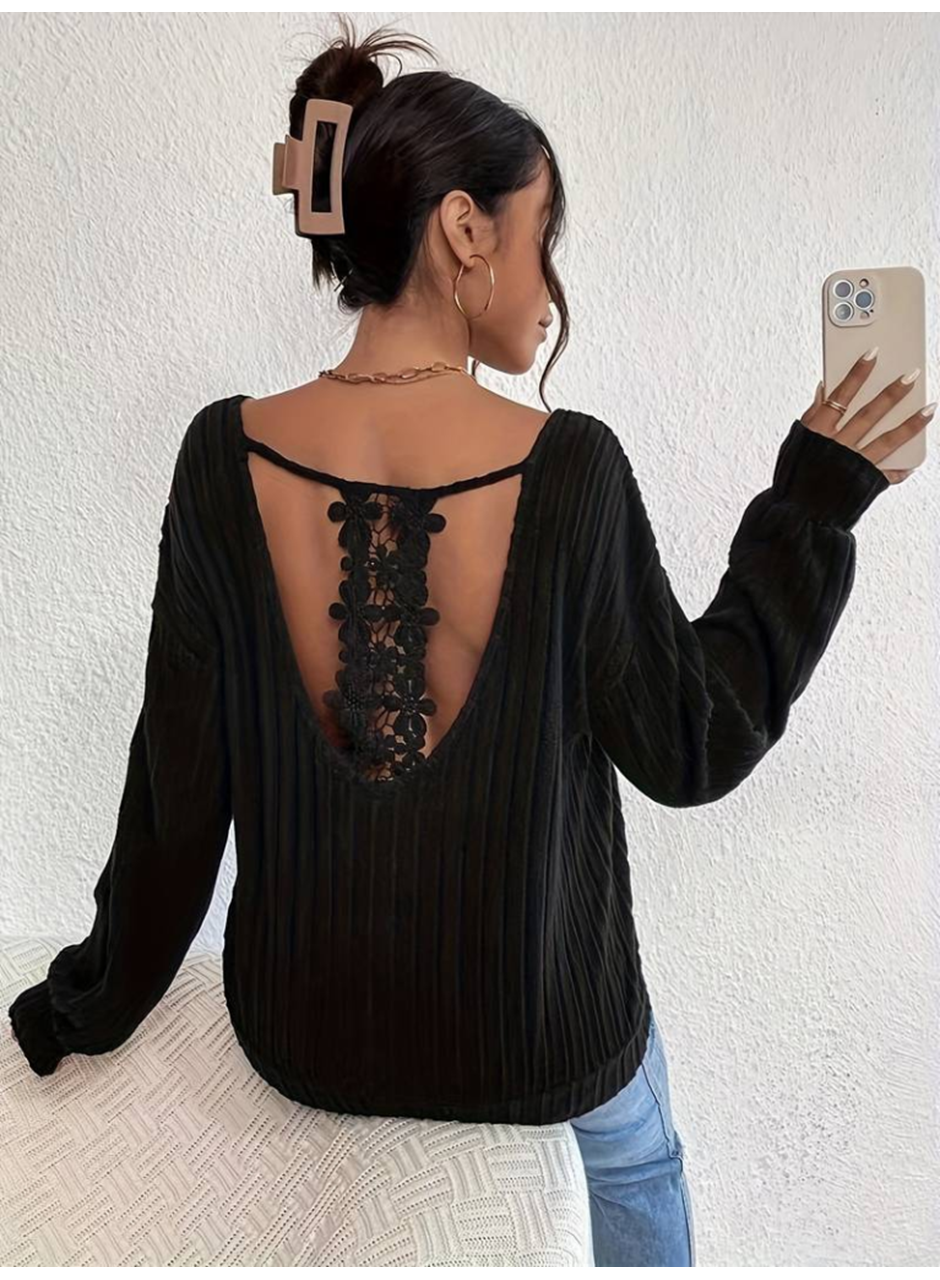 Kadın Uzun Kollu V Yakalı Pencere Sırt Dantel Detaylı Kalın Fitilli Kaşkorse Bluz