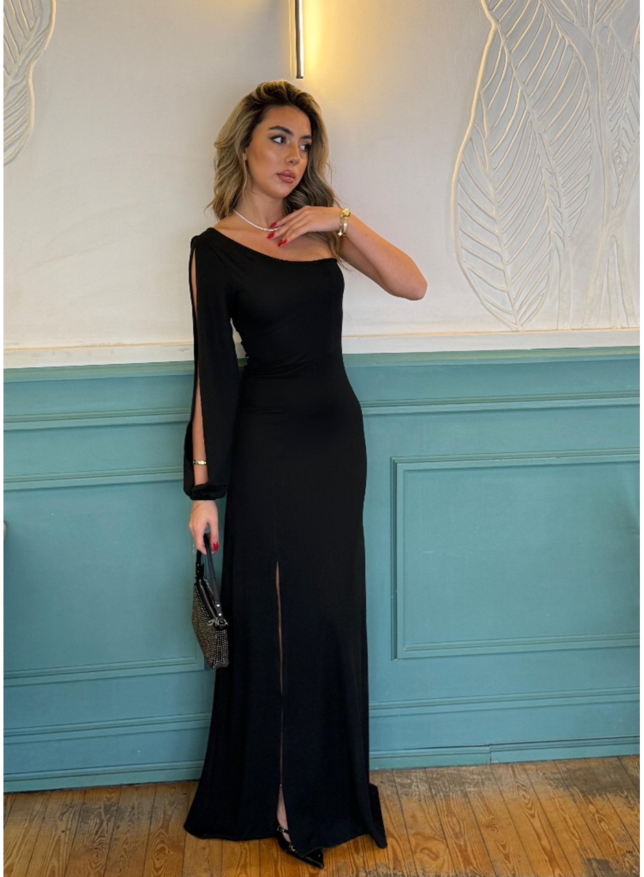 Tek Omuz Açık Derin Yırtmaçlı Krep Tam Boy Elbise