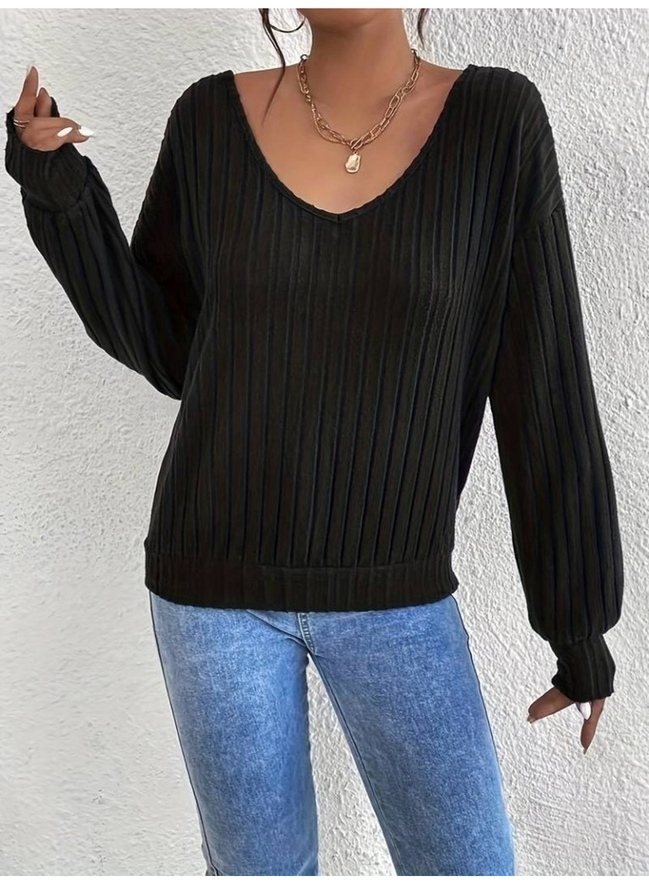 Kadın Uzun Kollu V Yakalı Pencere Sırt Dantel Detaylı Kalın Fitilli Kaşkorse Bluz